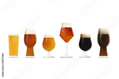 Beer Glasses Set. Different types of beer - Hoppy Lager, IPA, Golden Ale, APA, Stout, DIPA. Craft Beer. Craft Brewery. photo