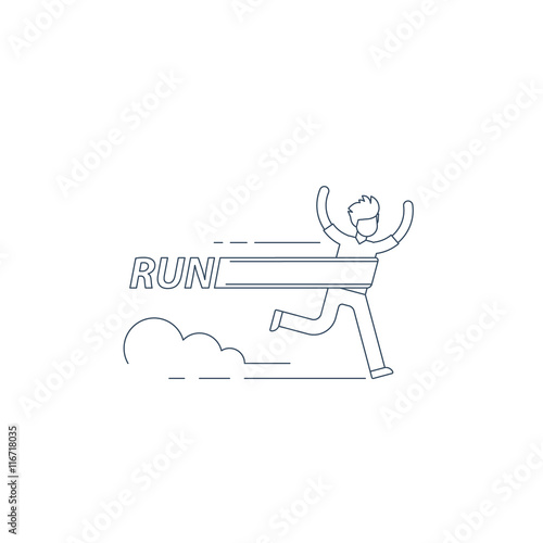 Running man, finish line, first winner, healthy lifestyle, marathon competition, triathlon contest, sport activity event