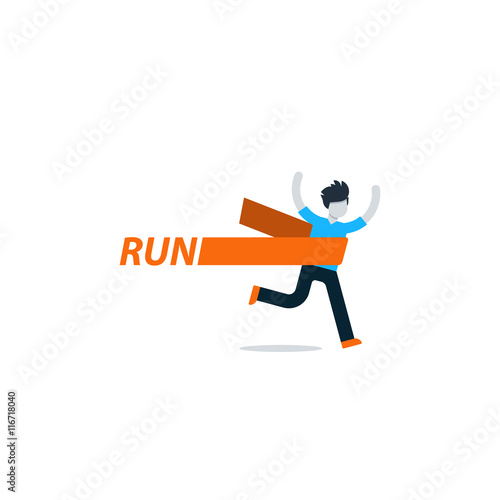 Running man, finish line, first winner, healthy lifestyle, marathon competition, triathlon contest, sport activity event