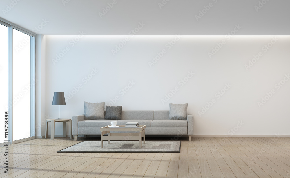 Sofa and coffee table near glass door in white wall living room- 3d rendering
