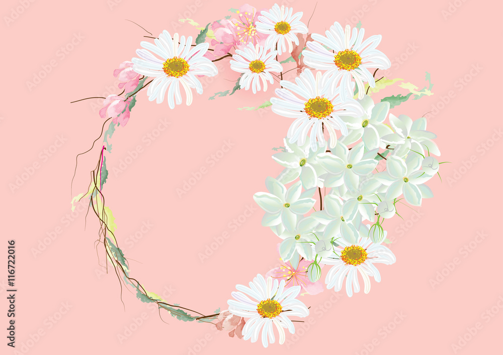 wreath of pink cherry blossom , daisy  and jasmine flowers 