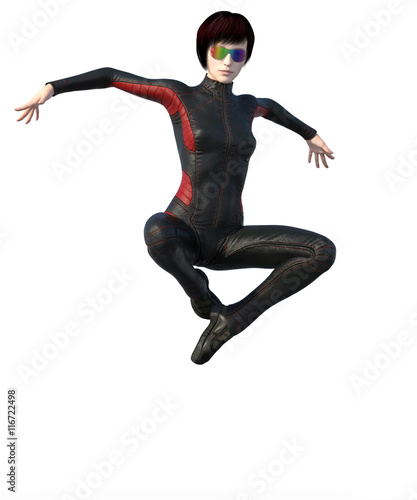 3d render of a super girl in black leather suit isolated on white