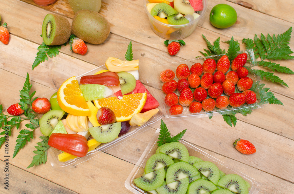 Assortment of tropical exotic fruits with smoothie and fresh jui Assortment of tropical exotic fruits with smoothie and fresh jui