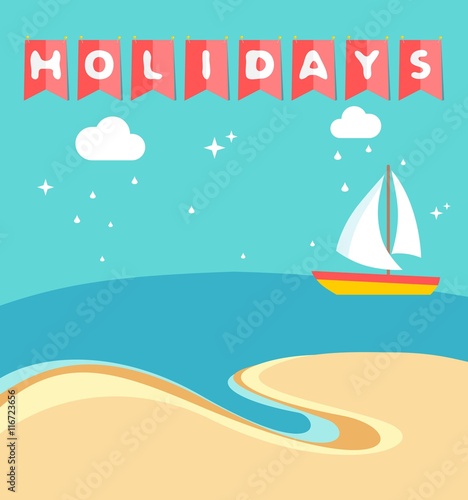 Fototapeta Naklejka Na Ścianę i Meble -  Summer holidays beach scene with ship sailing a sea