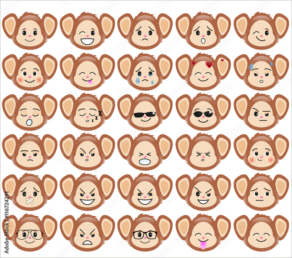Set of funny monkey emoticons - smiling monkeys with different emotions from happiness to angry isolated on white background. Can be used for logos, icons, signs, avatars, web decor, other design Set of funny monkey emoticons - smiling monkeys with different emotions from happiness to angry isolated on white background. Can be used for logos, icons, signs, avatars, web decor, other design