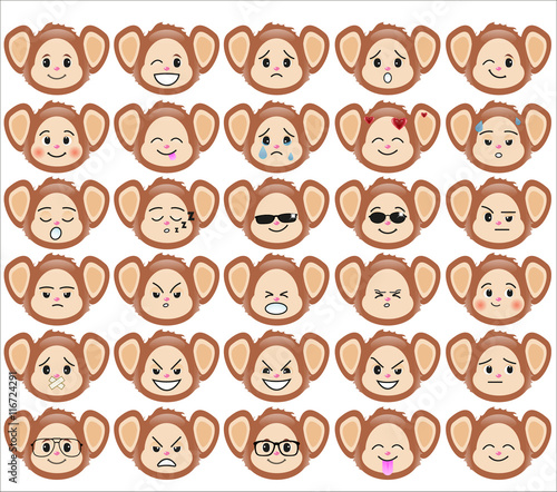 Set of funny monkey emoticons - smiling monkeys with different emotions from happiness to angry isolated on white background. Can be used for logos, icons, signs, avatars, web decor, other design