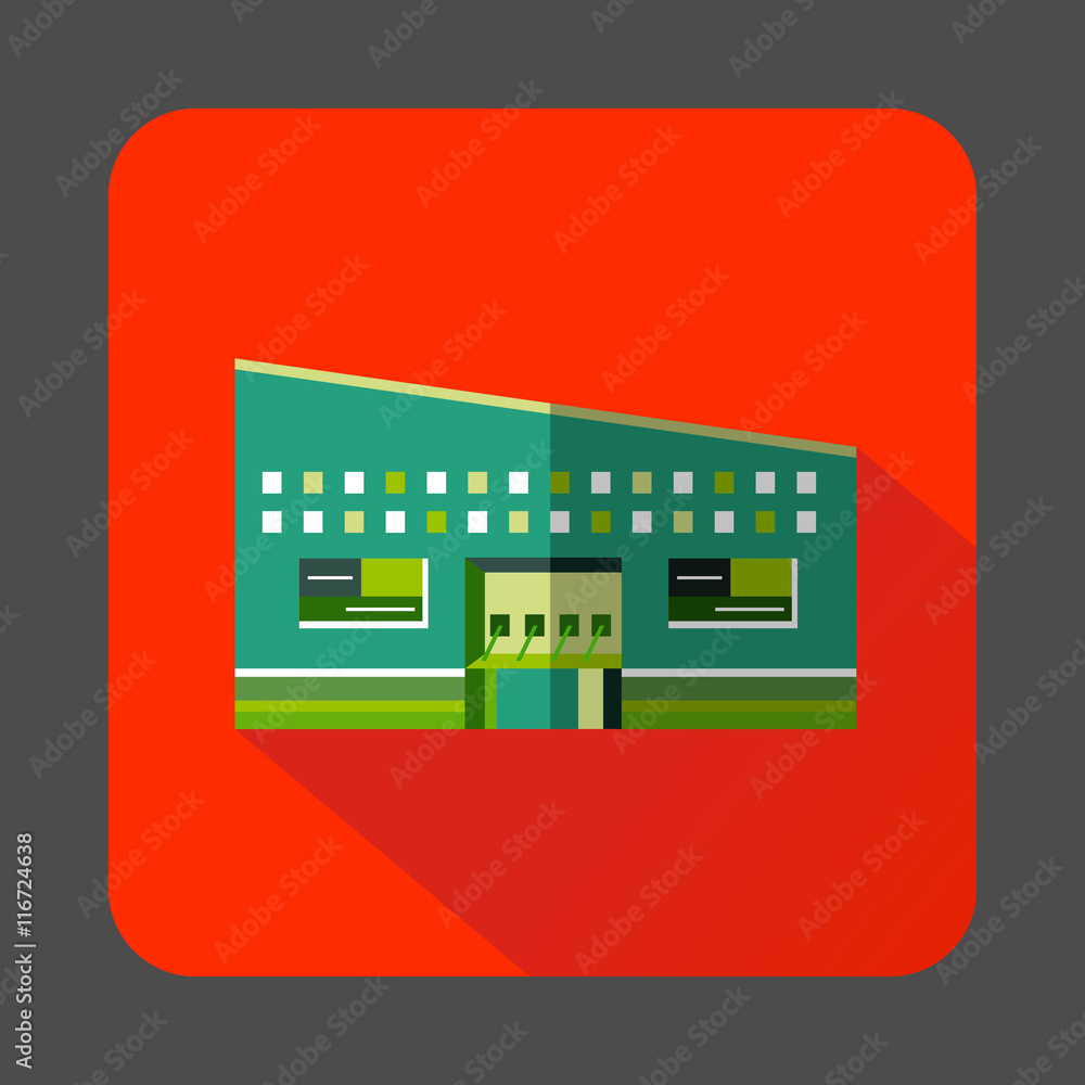 Modern building icon in flat style on a orangered background Modern building icon in flat style on a orangered background
