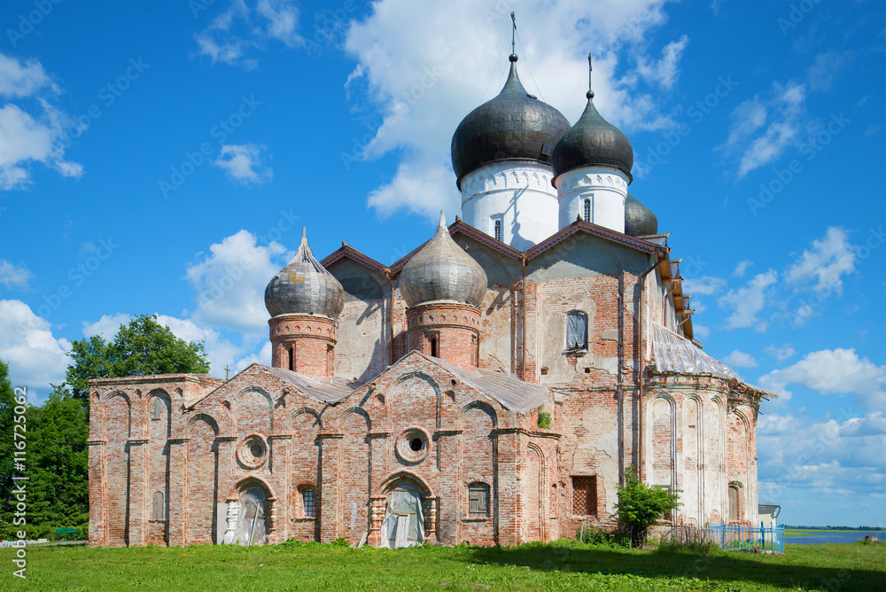 The old Trinity Cathedral of the Holy Trinity of Michael of Klopsk monastery on a sunny june day. Novgorod region, Russia