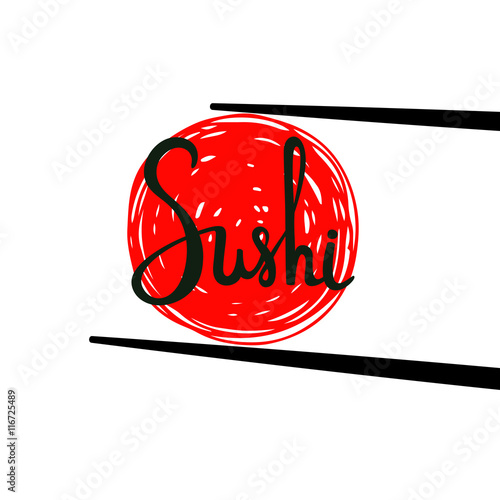 Sushi calligraphy, hand drawn lettering. Chopsticks holding abstract roll isolated on white background. Emblem of japanese food, fish snack, susi, exotic restaurant, sea product. Vector illustration.