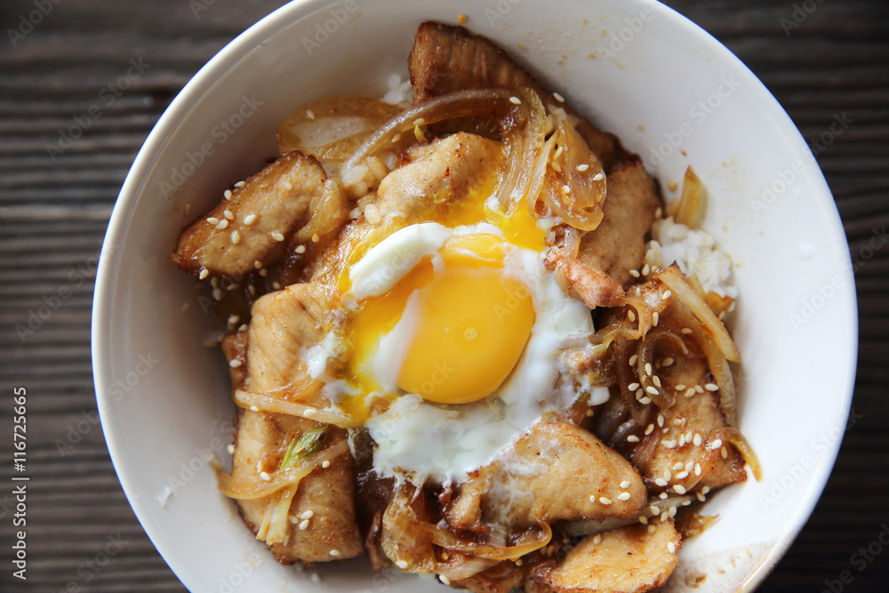 rice with slice pork and egg butadon - japanese food rice with slice pork and egg butadon - japanese food