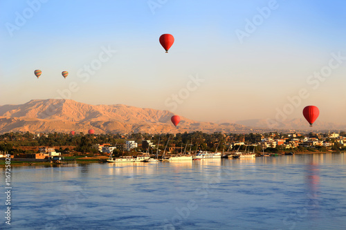Hot air balloons in Luxor at sunrise