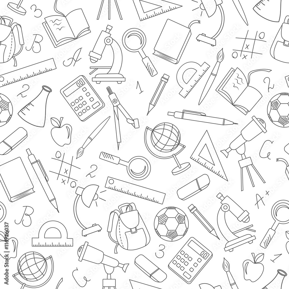 Seamless pattern on the theme of the school, a simple contour icons, dark outline on a light background Seamless pattern on the theme of the school, a simple contour icons, dark outline on a light background