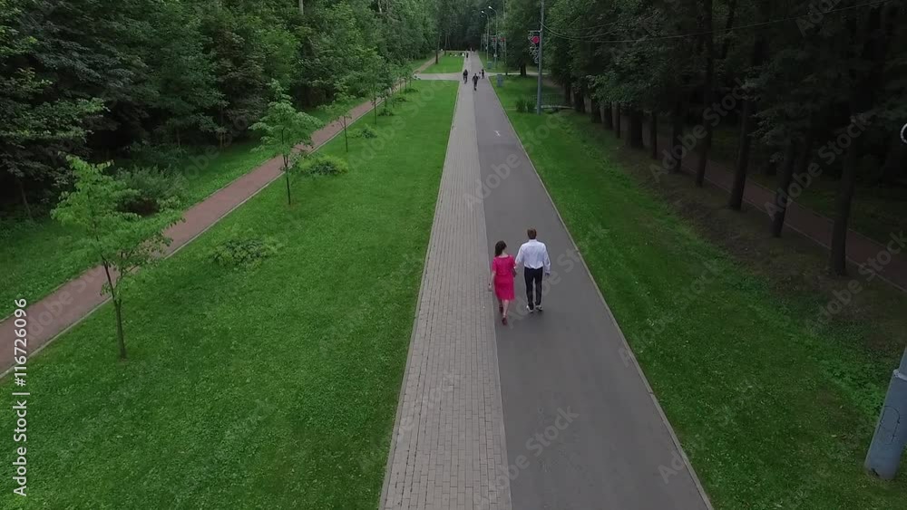 Aerial Slow Motion Video of a Couple in Love Walks in the Park Aerial Slow Motion Video of a Couple in Love Walks in the Park