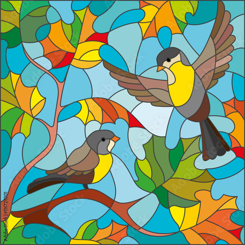 Illustration in stained glass style on the theme of autumn, two Tits in the sky and maple leaves