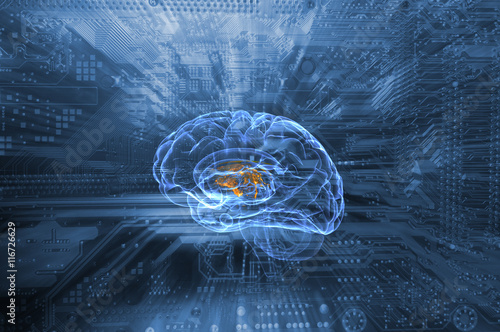 schematic of human brain and communication via circuit-board, artificial intelligence photo