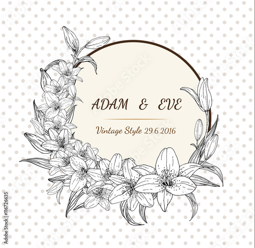 Fototapeta Naklejka Na Ścianę i Meble -  Lily flower card vector by hand drawing.Lily card vintage style.