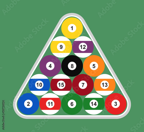Flat set of billiard balls arranged in a gray triangle. Vector illustration.
