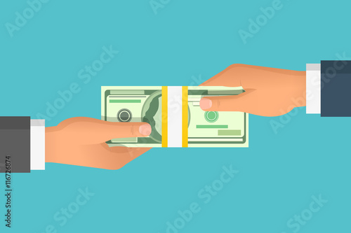 Human hand giving money to other hand. Holding banknotes. Isolated on blue background. Vector illustration