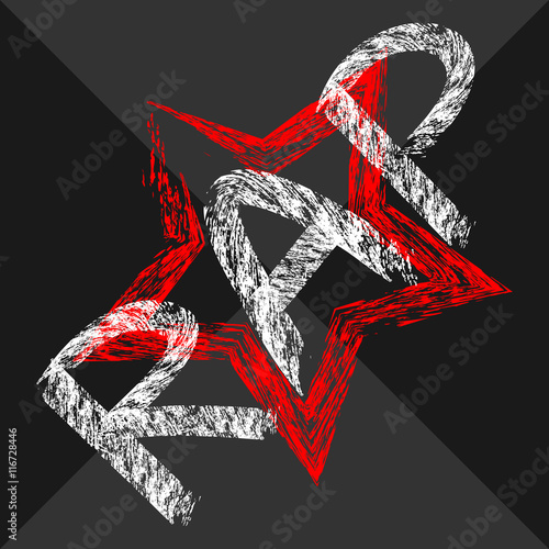 Text Rap painted rough brush. Intermittent star. Dark background. White, red, black, gray. Abstract.