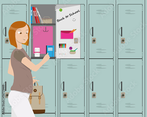 The girl returned to school after the holidays and take textbooks in the locker. Vector illustration