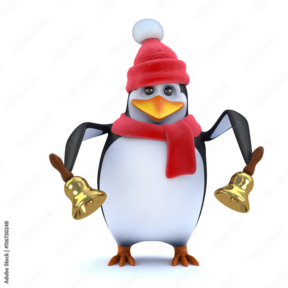 Obraz premium 3d Winter penguin rings his brass bells