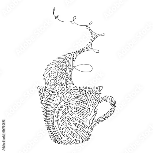 Tangled intricate design of a coffee / tea cup and vapor. Adult grown-up coloring book page for stress relieving and relaxation.