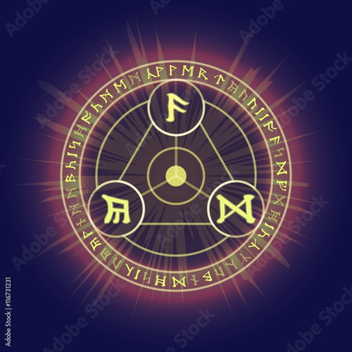 Mysterious pagan magic ritual rings with Celtic runic symbols. Visualization of casting magic spell or enchantment, glowing in the dark.