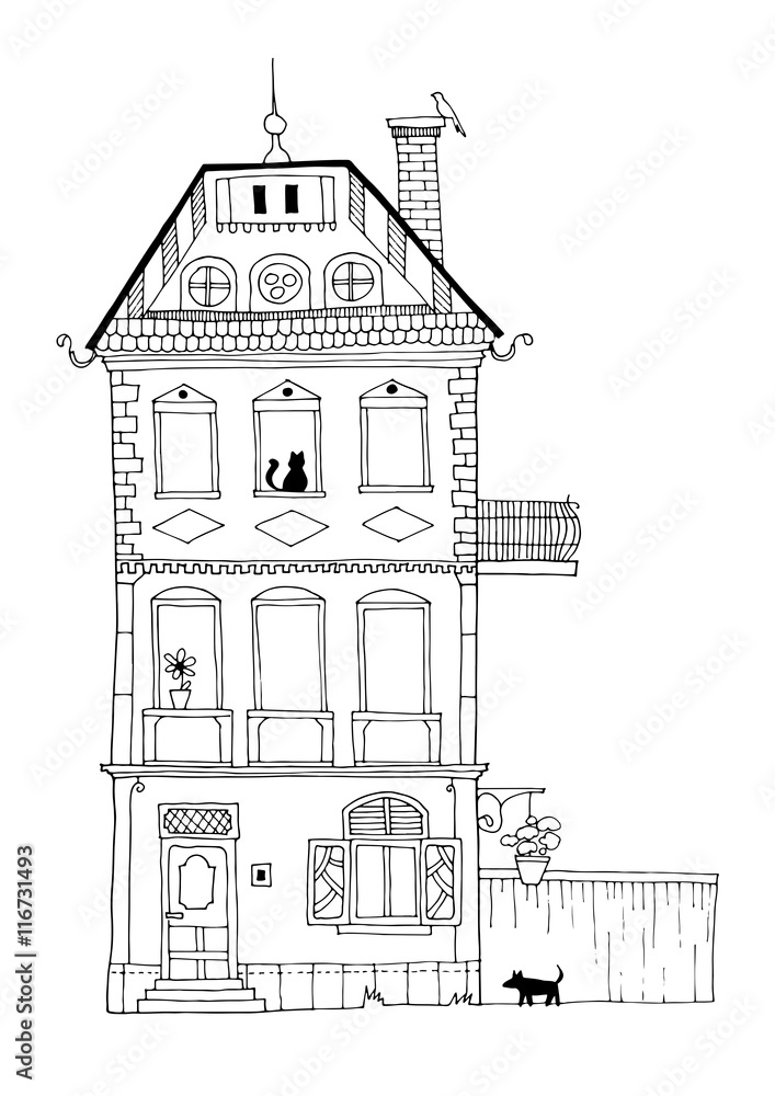 A tall housing building illustration depicting normal every day life. Decorative home hand drawing with architectural details and ambiance (flowers, animals, dog, cat, bird).