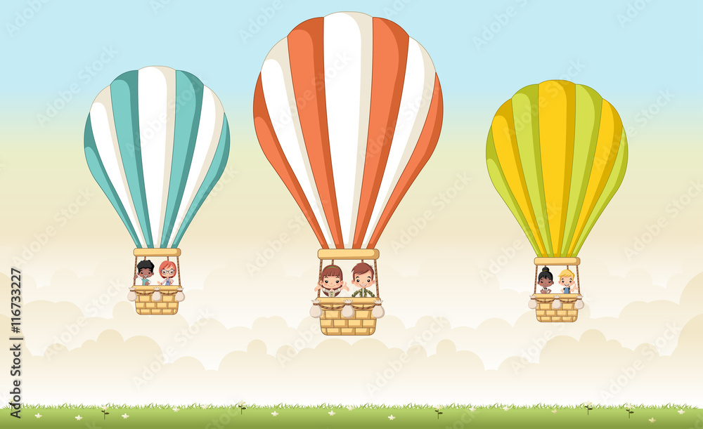 Naklejka premium Cartoon kids inside a hot air balloon in the sky.