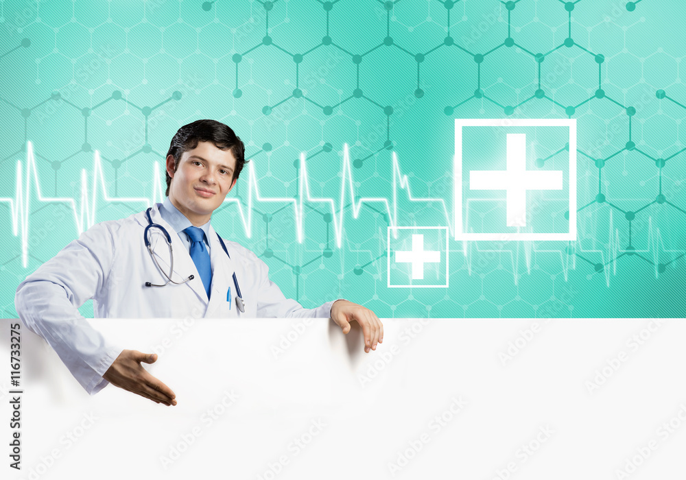 Doctor with banner Doctor with banner