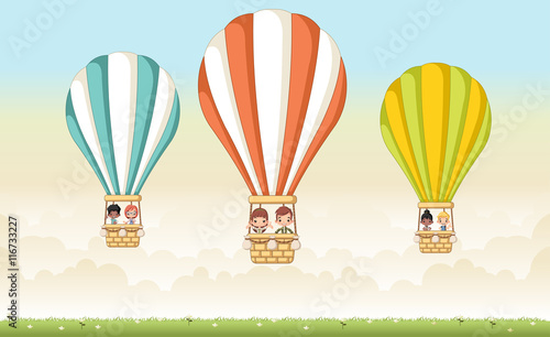 Cartoon kids inside a hot air balloon in the sky.

