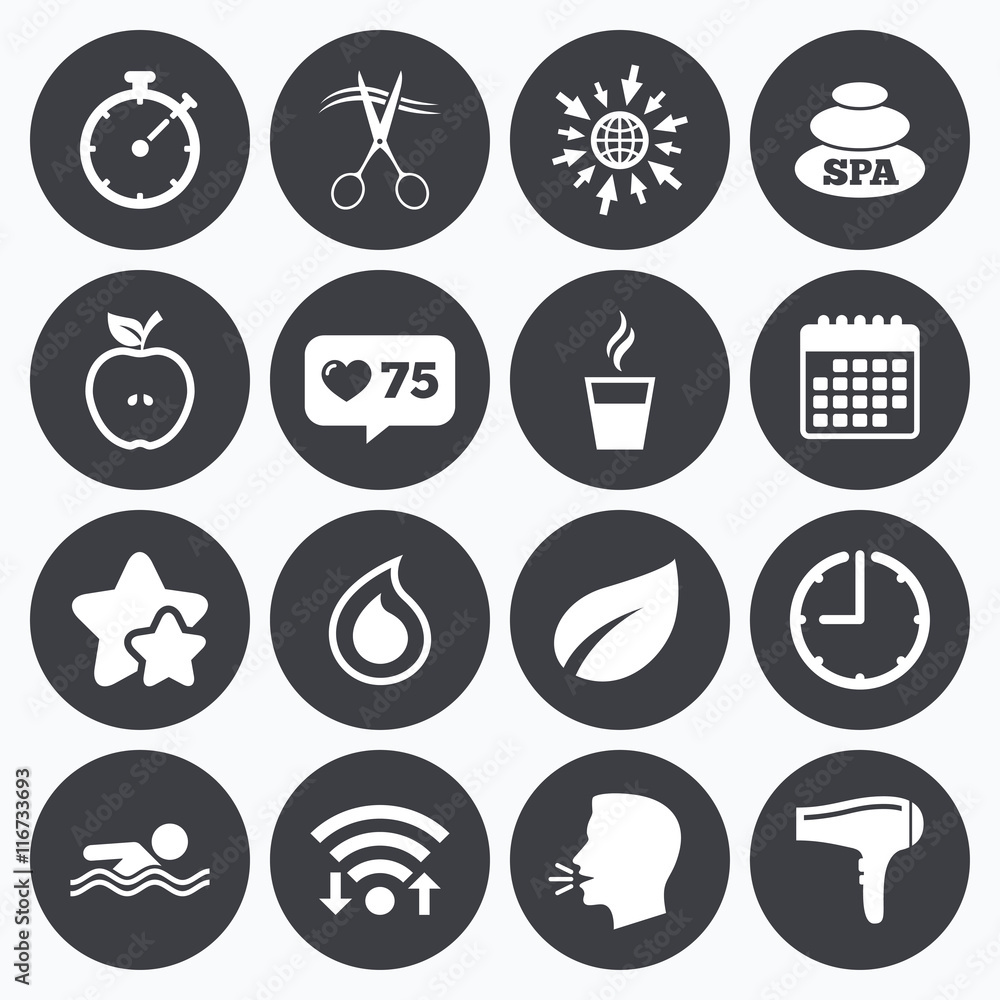 Spa, hairdressing icons. Swimming pool sign. Spa, hairdressing icons. Swimming pool sign.