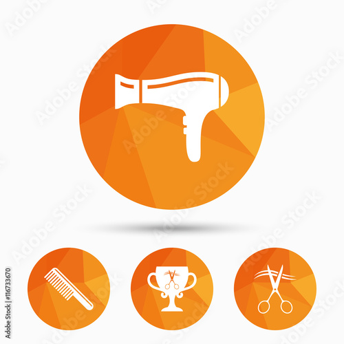 Hairdresser icons. Scissors cut hair symbol.