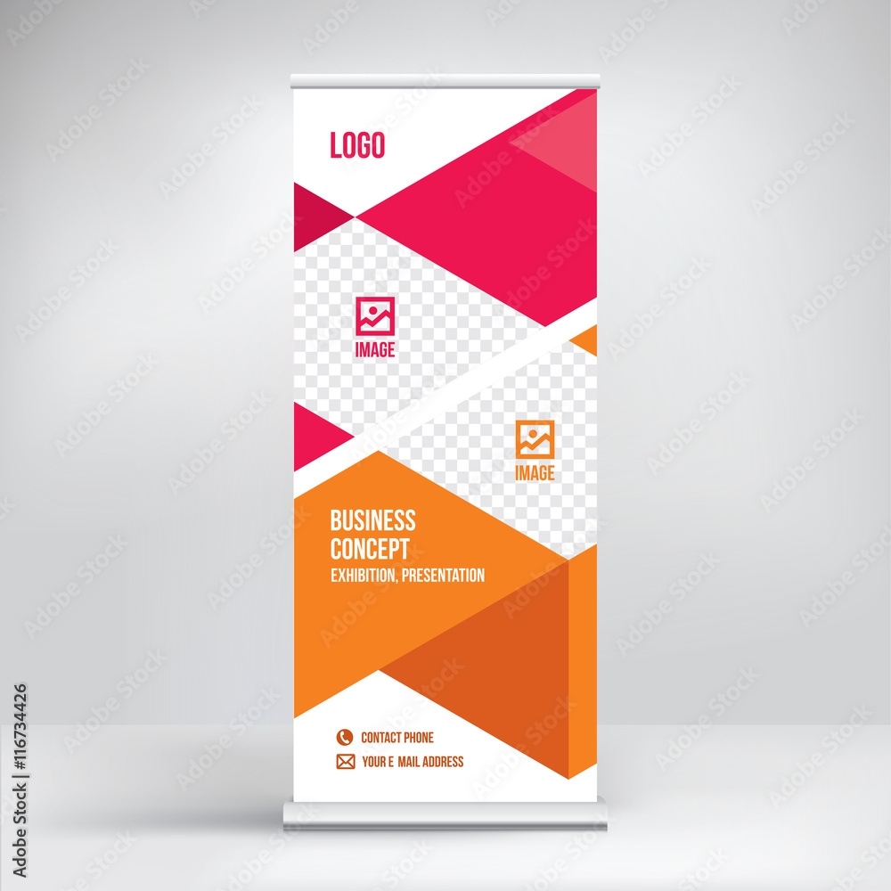 Roll-up banner design, stand for exhibition, polygon background Roll-up banner design, stand for exhibition, polygon background