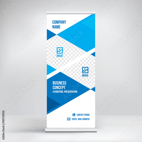 Roll-up banner design, stand for exhibition, polygon background
