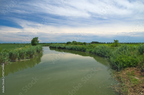 Summer view of river Lemene in the Venetian Plain with the Alps mountains in the background 