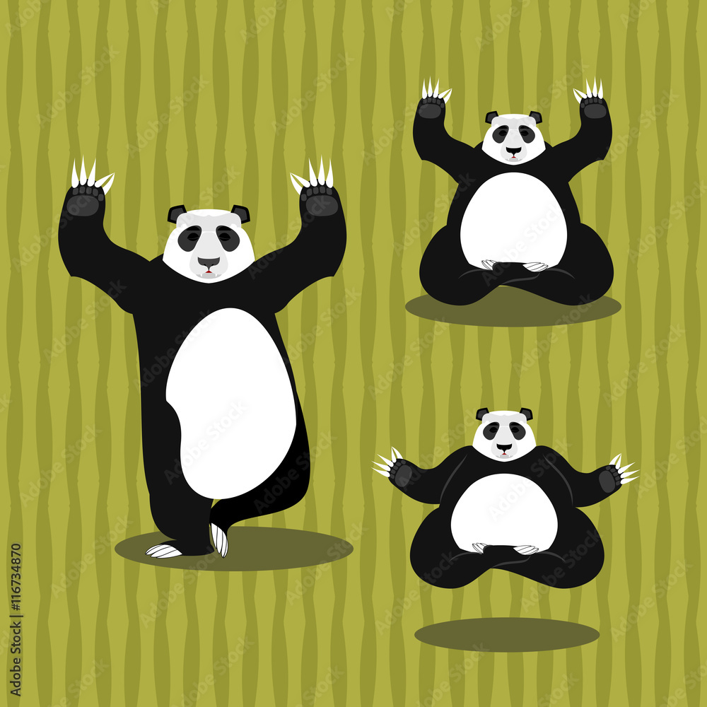 Panda Yoga meditating. Chinese bear on background of bamboo. Sta Stock  Vector