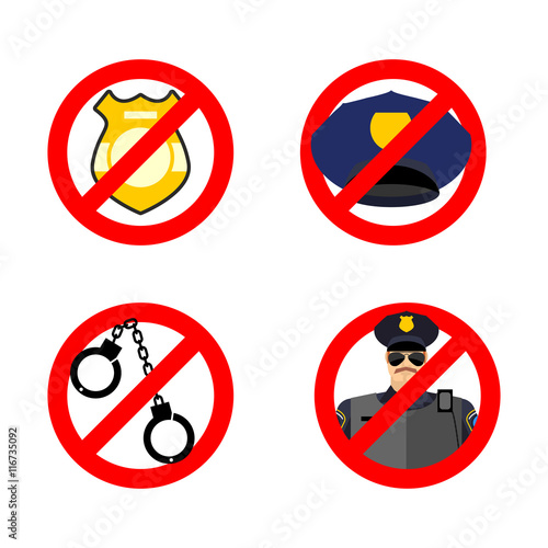Stop cop set icon. It is forbidden by police. Strikethrough poli