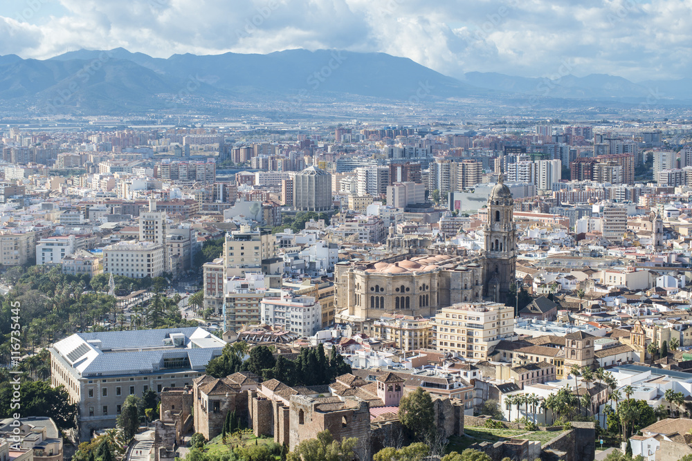 Cityscape  aerial view of Malaga  from the Alcazaba citadel, Andalusia, Spain