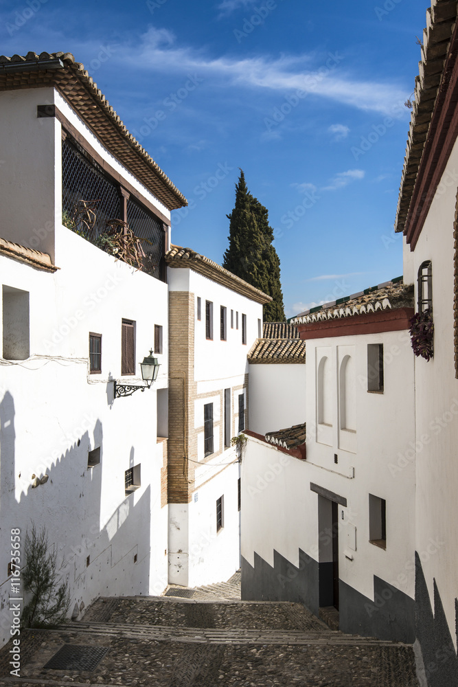 Albaicin district, narrow hilly streets of Granada. Andalusia, Spain