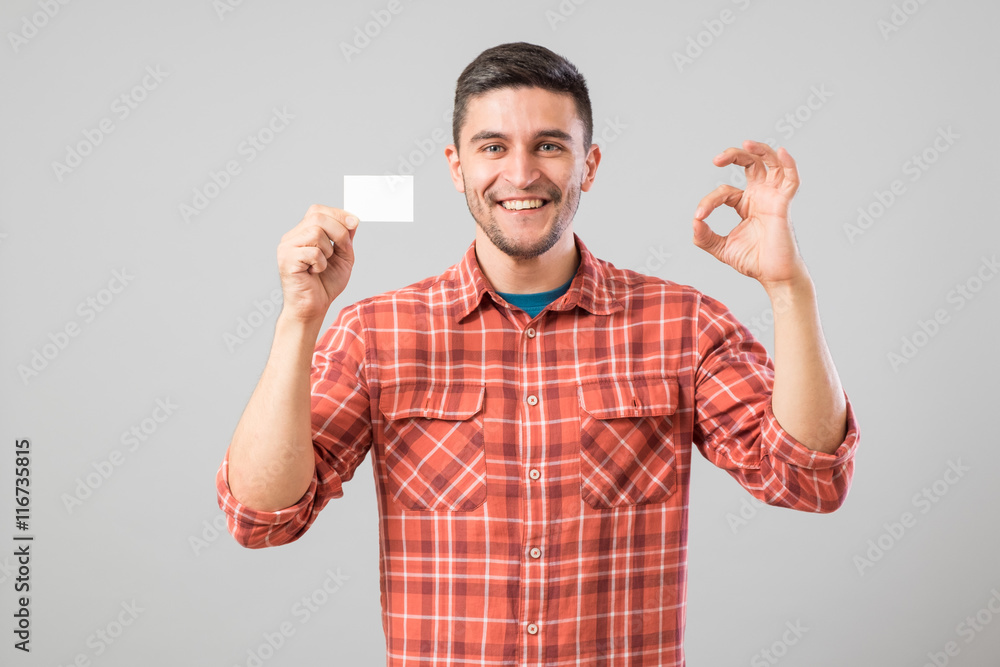 Man showing blank business card Man showing blank business card