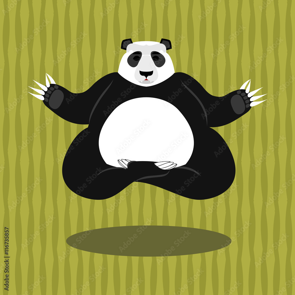 Panda Yoga. Chinese bear on background of bamboo. Status of nirv Stock  Vector