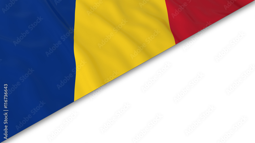 Fototapeta premium Romanian Flag corner overlaid on White background - 3D Illustration
