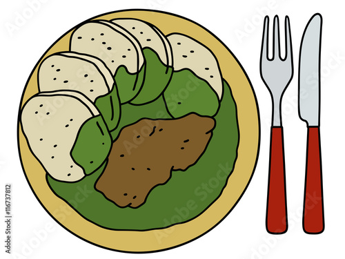 Spinach with dumplings / Hand drawing, vector illustration
