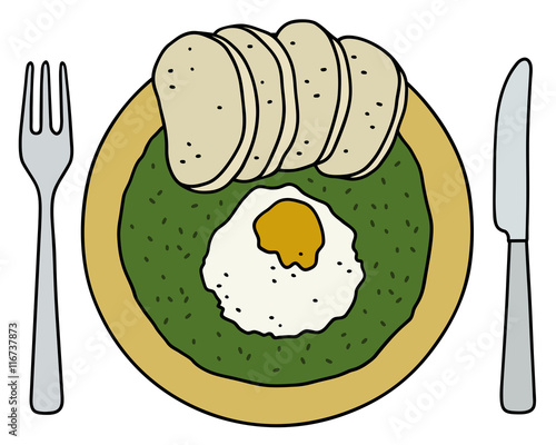Spinach with dumplings / Hand drawing, vector illustration