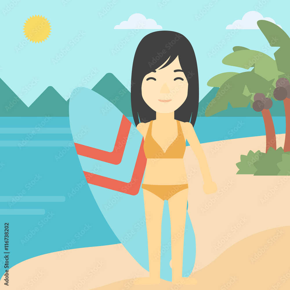 Surfer holding surfboard vector illustration.