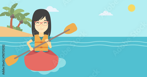 Woman riding in kayak vector illustration.