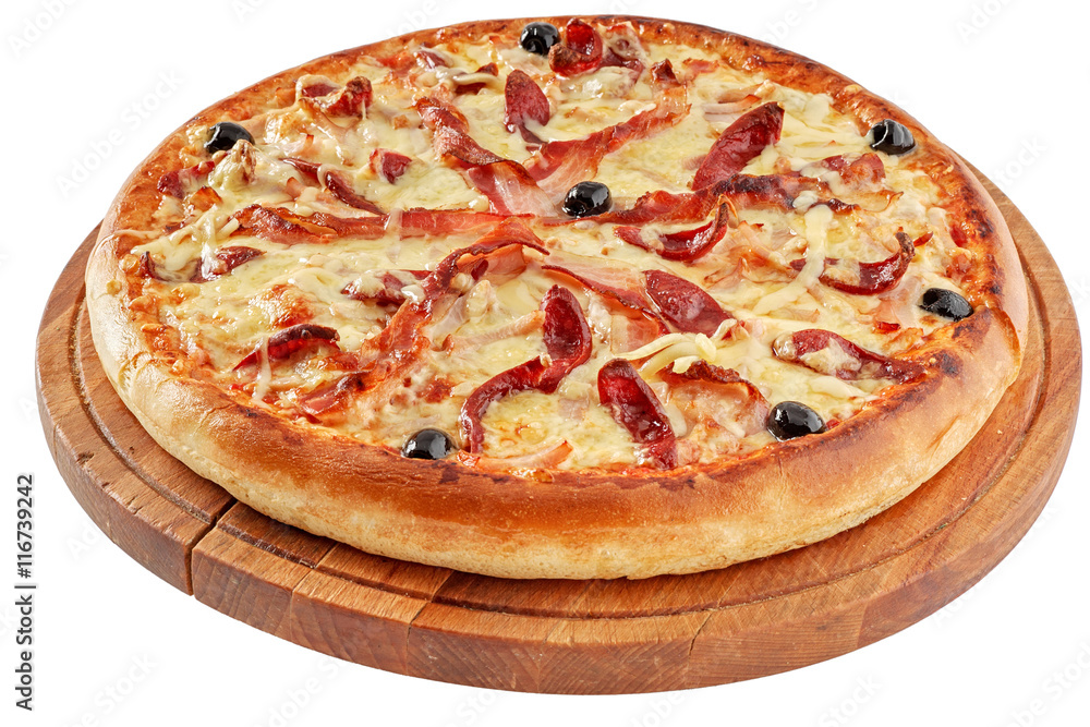 Pizza with bacon and  smoked meat