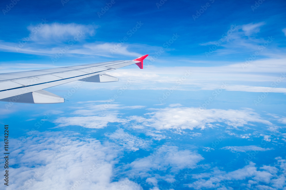 View airplane cloudy in blue sky View airplane cloudy in blue sky