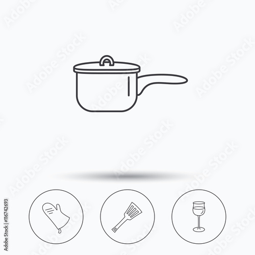 Saucepan, potholder and wineglass icons.